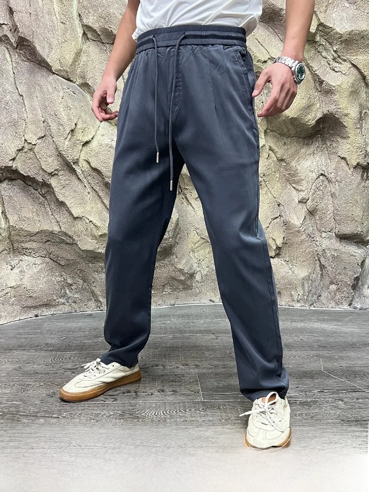 

Мужские повседневные брюки из смесового льна и лиоцелла: модные, гладкие, струящиеся, весенне-летние, премиум-класса, свободного кроя, с эластичным поясом, прямые штанины