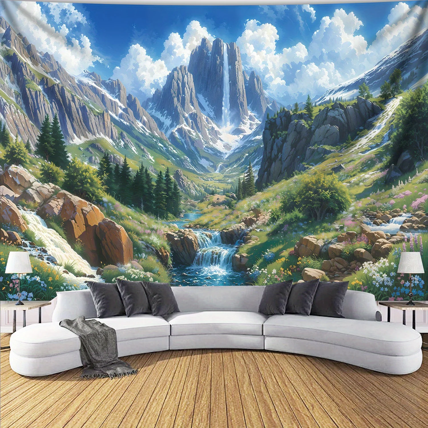 Magnificent Tapestry1pc Magnificent Mountains Forest Creek Aesthetic Polyester Print Tapestry | Birthday Gift, Room Decoratio