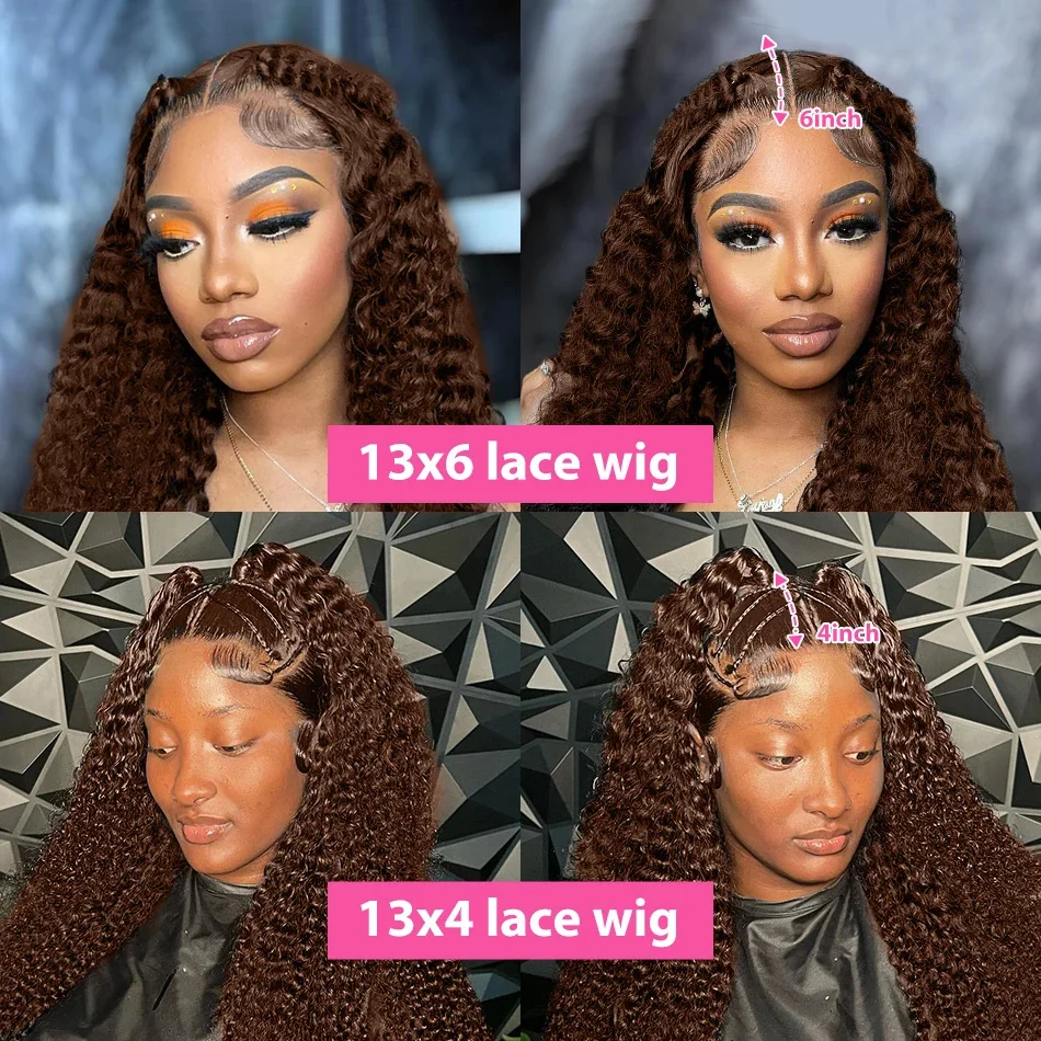 13x6 Chocolate Brown Deep Wave Human Hair Wig Lace Front Water Curly Wave Wig 28 30 Inch Transparent Lace Frontal Wigs For Women