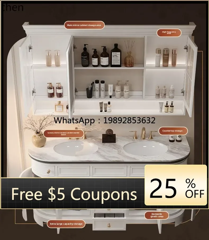 

XX retro rock slab hot bending integrated basin floor-to-ceiling rubber wood arc bathroom cabinet