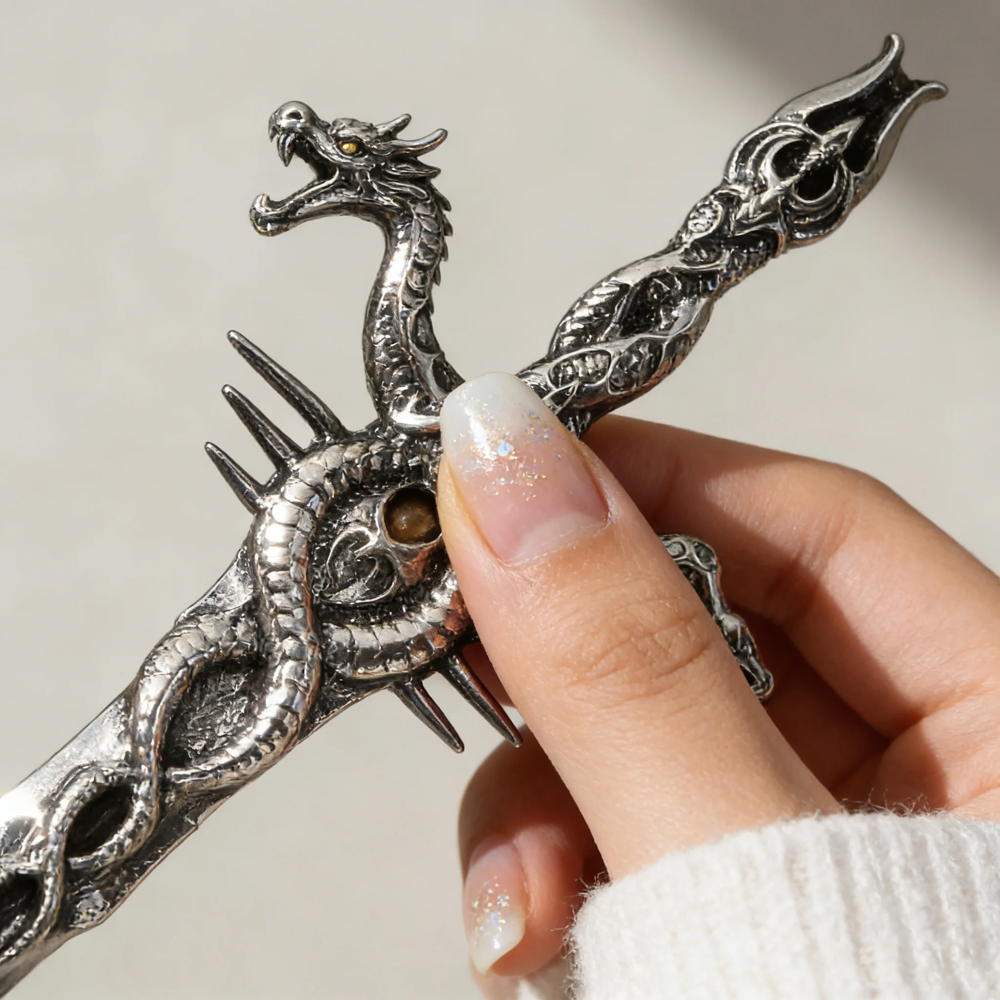 1 szt. Szpilka do włosów w kształcie smoka, srebrny metal, wyrafinowane, bogato zdobione detale, motyw dark fantasy, idealna do cosplayu, gotycka, unikatowa.