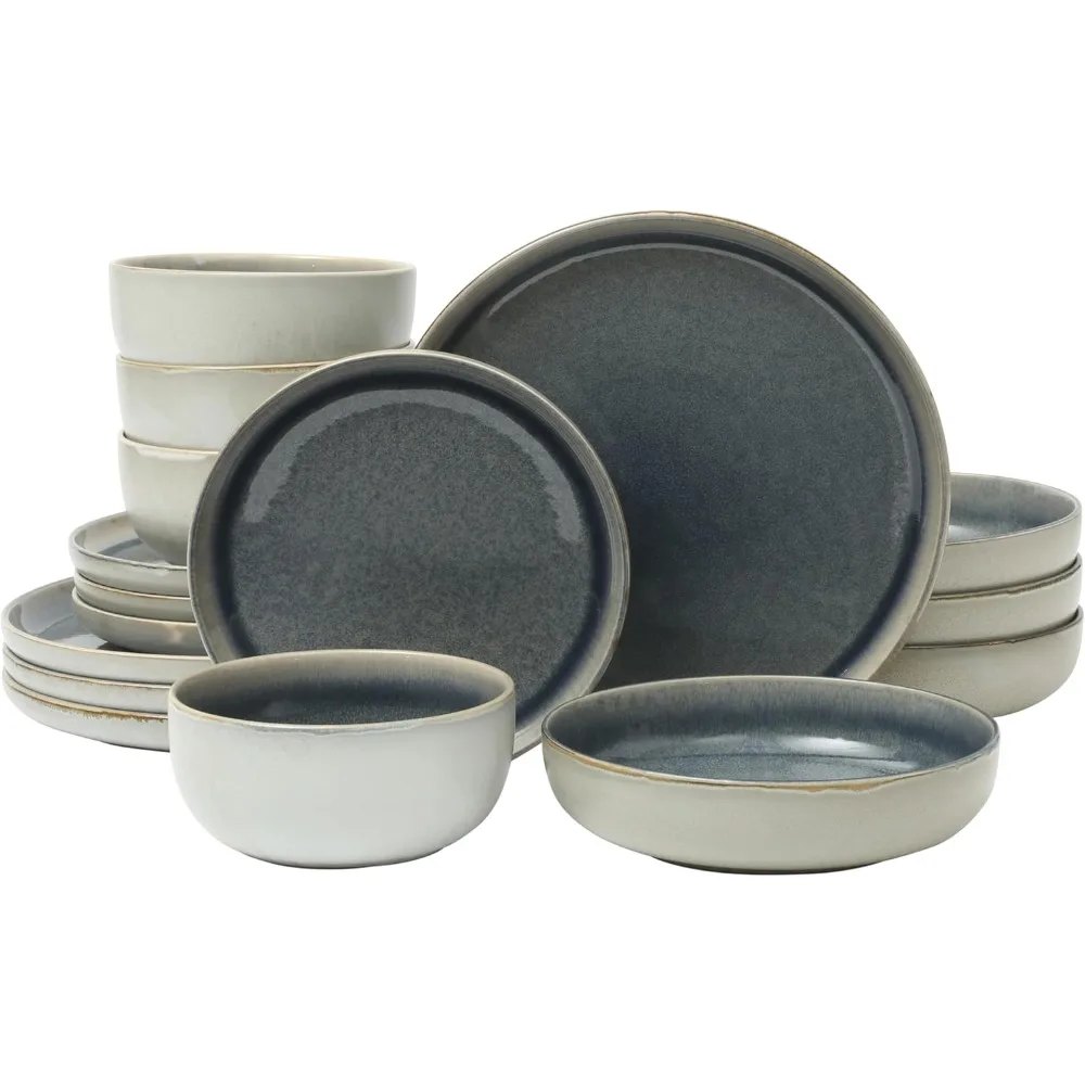 

Gibson Elite Sunveil 16-Piece Dinnerware Set: Service for 4 with Reactive Glaze Stoneware Plates and Bowls in Bluish Tones