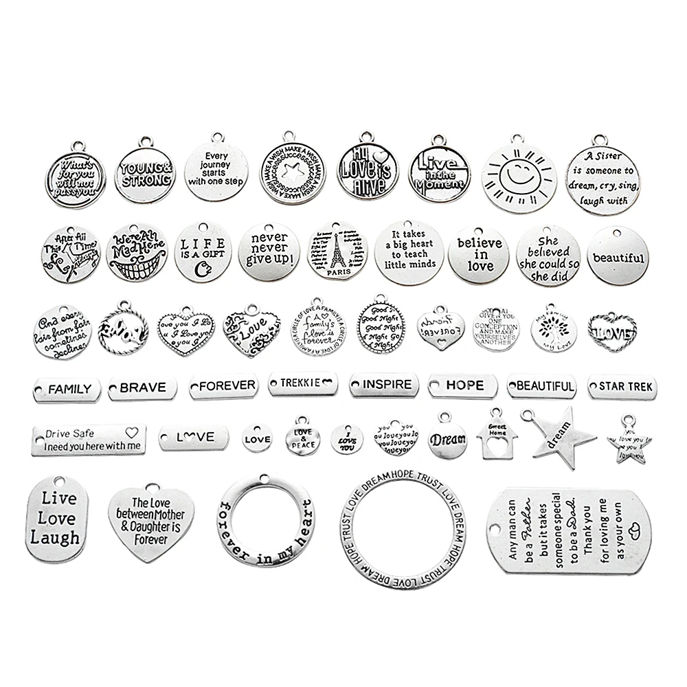 

50pcs Inspirational Message Charm Pendants for Crafting, Jewelry Findings Making Accessory For DIY Necklace Bracelet T004