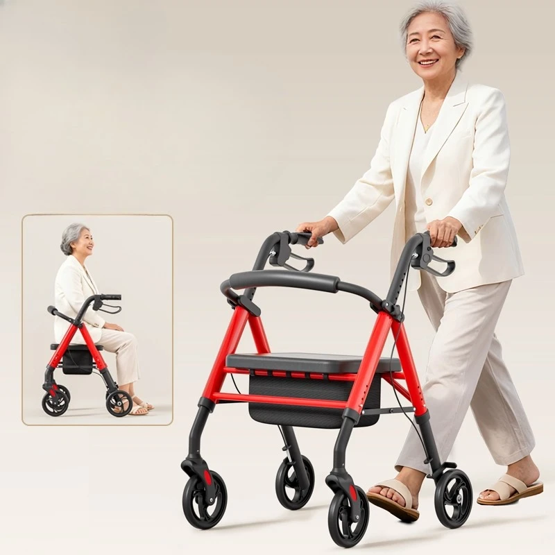 Foldable Rollator Walker for Elderly Lightweight Shopping Cart with Seat Anti‑Slip Walking Aid Portable Hand Brake Design