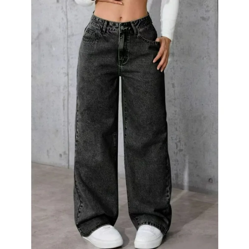 Women's Classic Wide Leg Stretch Jeans with Button  Soft Comfortable Autumn Winter Vintage Wash Stylish Jeans High Street Pants