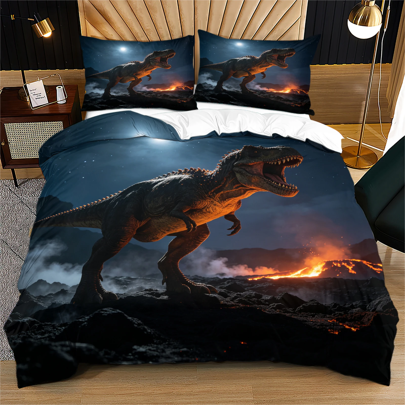 T‑Rex Duvet Cover Set Volcanic Night Scene Dinosaur Bedding Set Soft Brushed Microfiber Comforter Cover with Zipper Closure