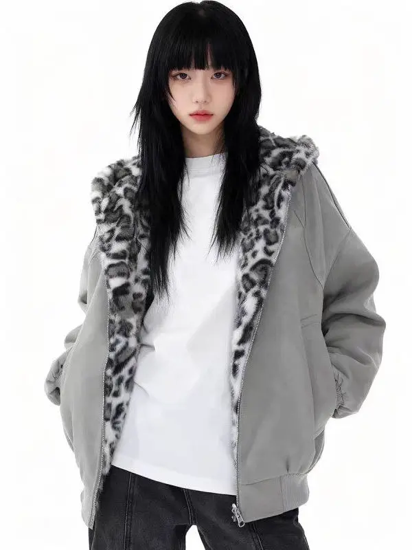 

Двусторонняя куртка унисекс с леопардовым принтом из хлопка и искусственной кожи, осенне-зимнее пальто с капюшоном в стиле Mountain Eagle, американское ретро