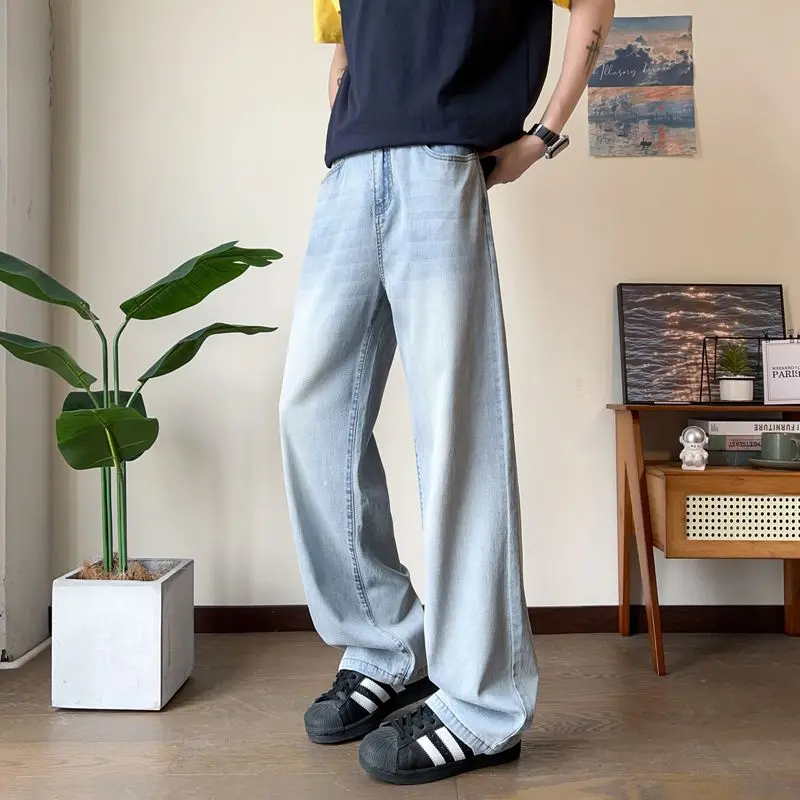 صيف جديد فضفاض جان للرجال أزرق فاتح مستقيم واسعة الساق مطرزة المألوف عادية الدينيم السراويل الطويلة الذكور فضفاض الجينز رجل