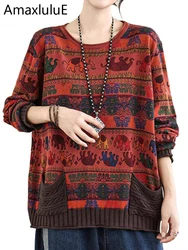 Amax luluE 2024 Fall Womens Fashion Printed Loose Sweaters Cartoon Knitted Clothes Ladies Casual O Neck Pullover Classic Jumpers