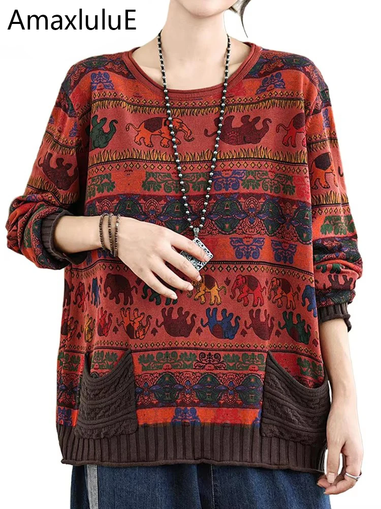 Amax luluE 2024 Fall Womens Fashion Printed Loose Sweaters Cartoon Knitted Clothes Ladies Casual O Neck Pullover Classic Jumpers