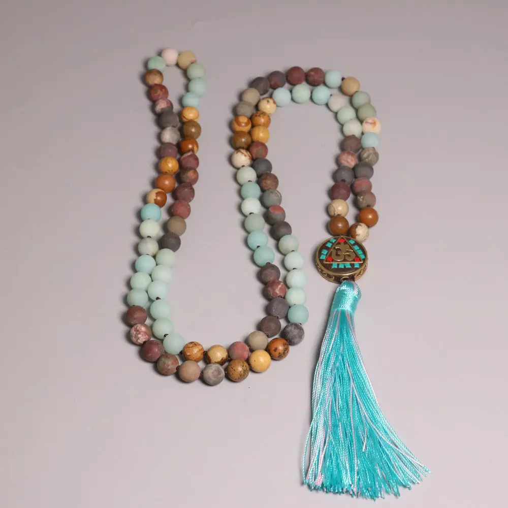 Natural Stone Mala Bead Necklace with Life Tree Wrapped Moon Pendant Amethyst & Tiger Eye Tassel Jewelry Trendy Hot Selling Item