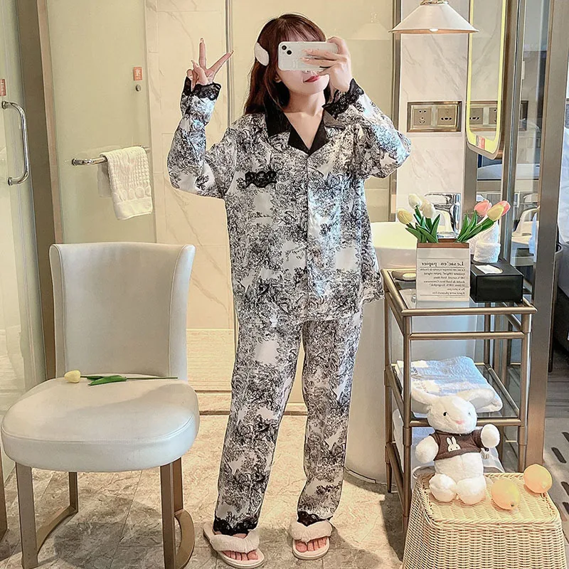 

Женский пижамный комплект: осенне-зимняя домашняя одежда с длинными рукавами, кардиган с отложным воротником, персиковым узором, шелковая, удобная пижама для сна