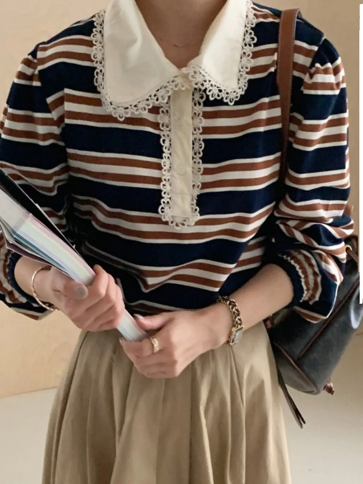 Ruche gestreept lang Sve ort Sweatshirt Dames Design Sense Jeugdige poppenkraag Bubble Sve Koreaanse Sle Koreaanse versie