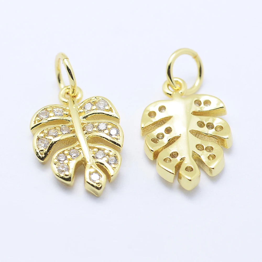 10pcs Brass Tropical Leaf Charms Micro Pave Cubic Zirconia Monstera Leaf Pendants for Jewelry Making Necklace Bracelet Findings