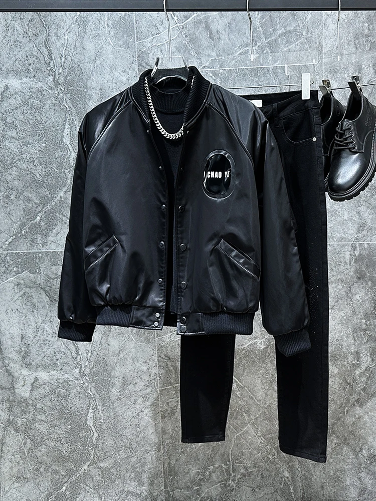 

American Sle ort Baseball Jaet Men's Leather Patchwork Loose Casual Outerwear Versatile Youthful Spring Autumn