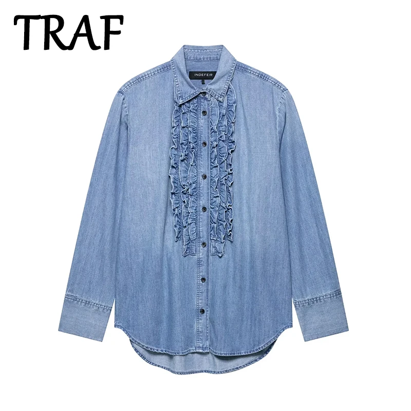

TRAF Women's Blue Denim Shirts & Blouses 2025 Spring Long Sleeve Shirt Tops Fashion Ruffles Casual Streetwear Blouse Tops
