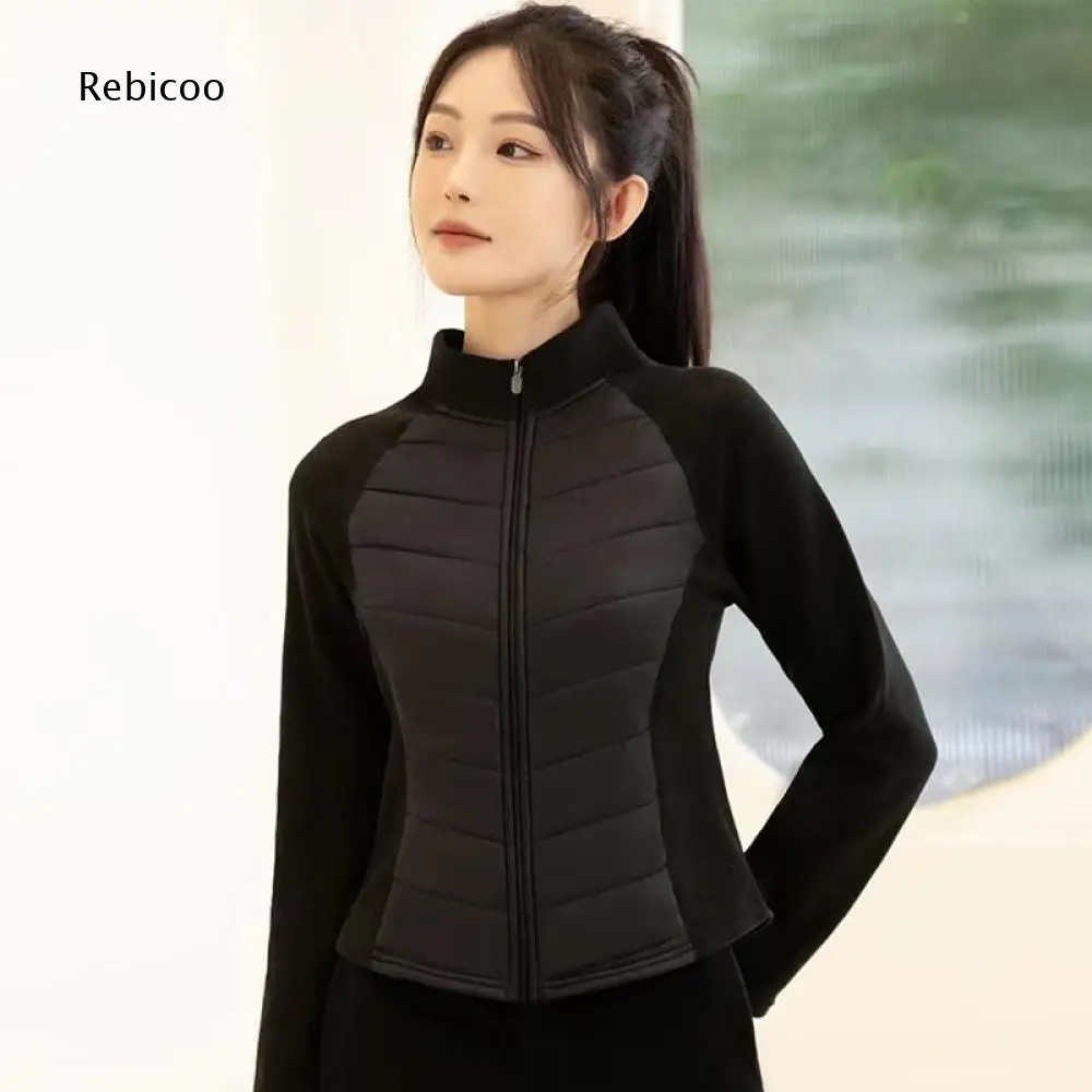 Zip Up Stand Collar Hybrid Padded Jacket For Women Long Sleeve Spliced Design Outerwear For Relaxing Daily Wear And Short Trips