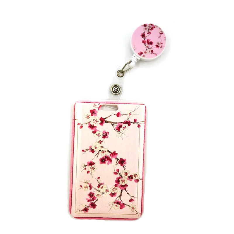 Pink Cherry blossoms Retractable Badge Reel Lanyard Nurse ID Business Credit Card Work Card Office Student Clips Card Cover Bag