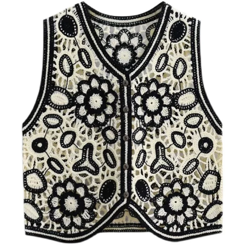 Women Casual New Vintage Hollow Out Crochet Crop Top Vest Embroidery Floral Sleeveless Jacket Cardigan Button Down Boho Top