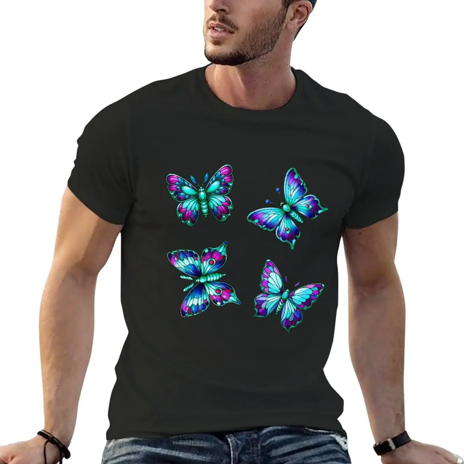 

Blue Glass Butterflies - Magical Fluttering Beauties Art Print T-Shirt plus size tops shirts men graphic