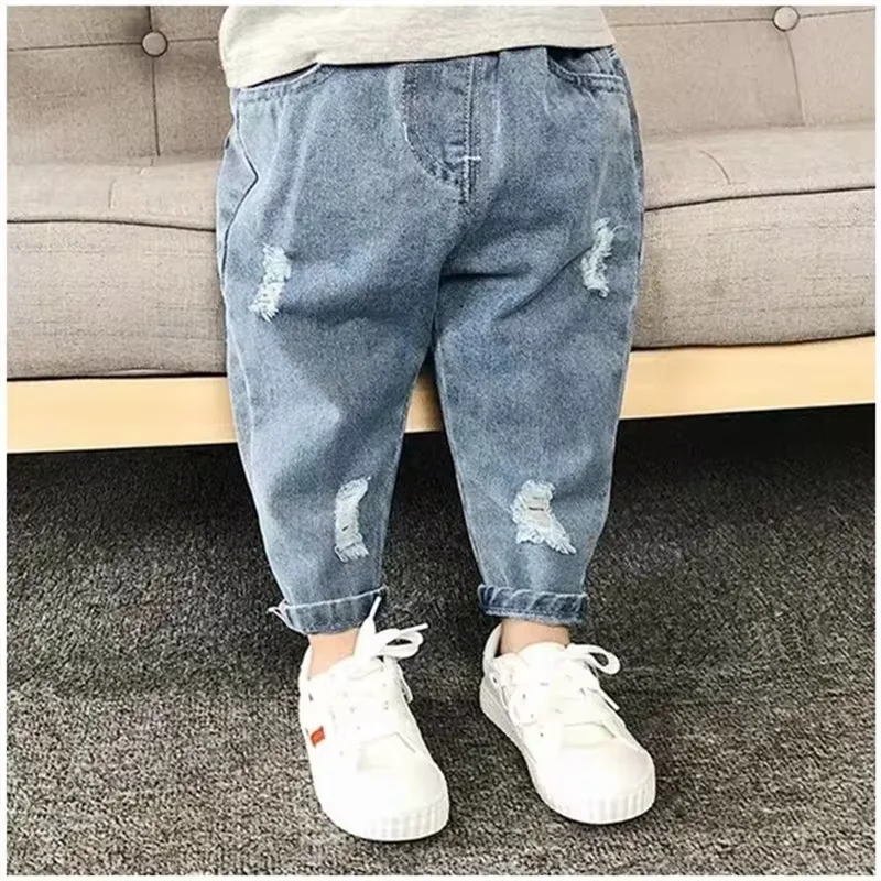 New Children's Summer Jeans Elastic Waist Dashionable Ripped Jeans Casual Loose Fit Boys' And Girls' Jeans Korean Denim Pants