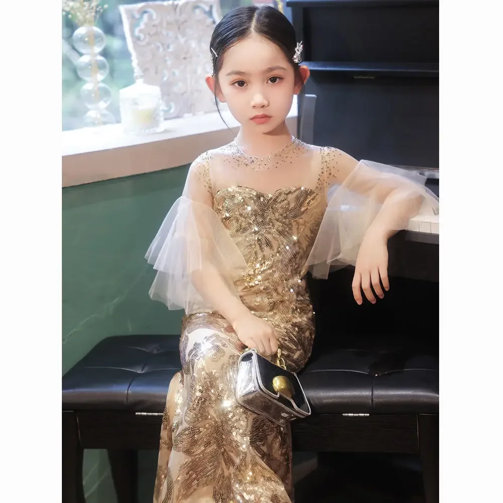 Luxury Golden Beads Mermaid Princess Flower Girl Dress Baby Kids Wedding Party Costumes First Comunion Vestido De Comunion