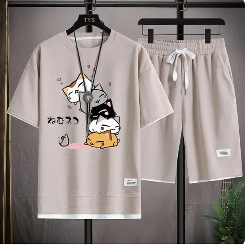 

2026 Men's Summer Waffle Set Brand Fashion Casual T-shirt+Shorts Set Men's Sports Set Loose ComfortableSlo Two-piece Set