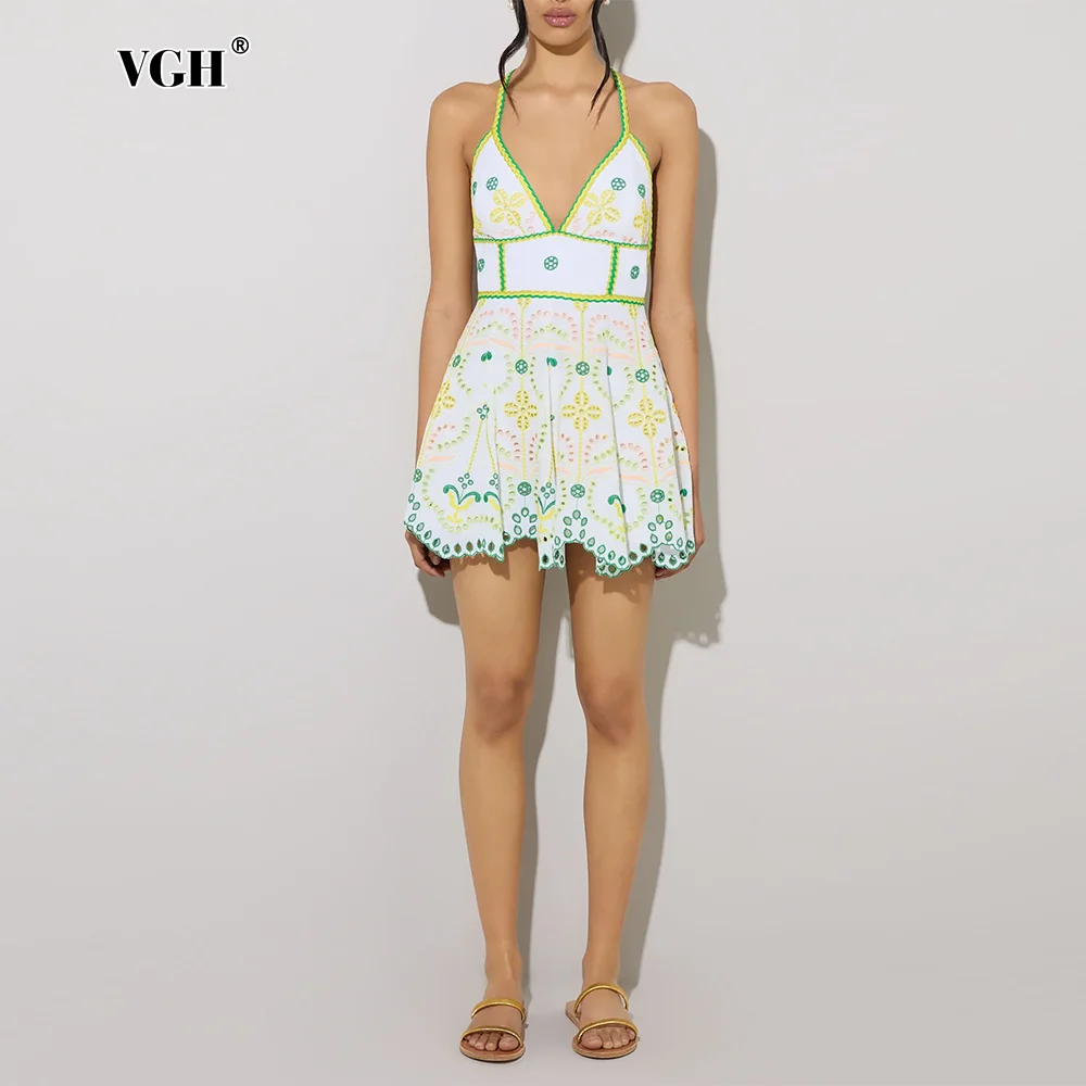 

VGH Elegant Sexy Elegant Short Dresses For Women V Neck Sleeveless Backless High Waist Spliced Lace Up Temperament Dress Female