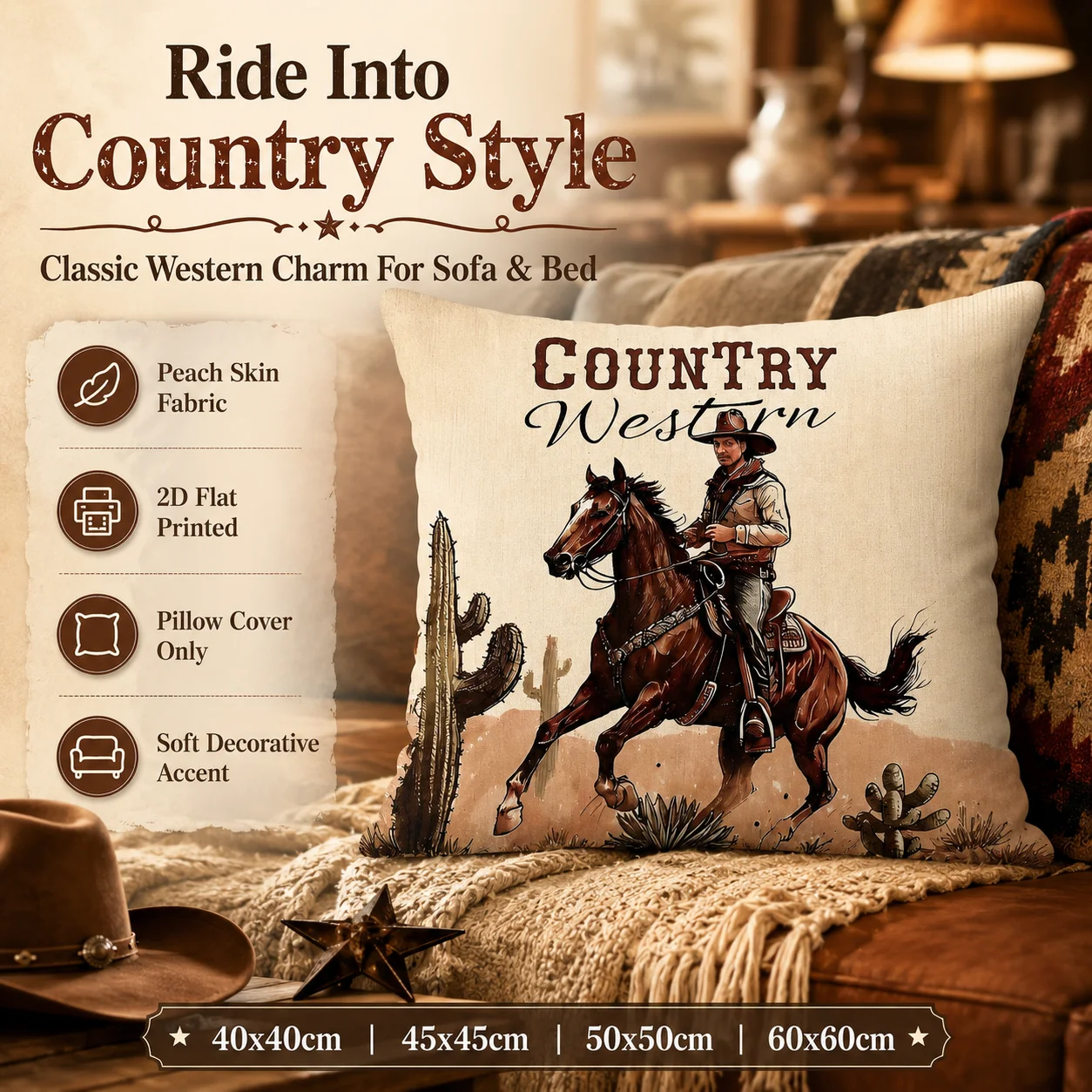 

Western Cowboy Pillowcase 2D Flat Printed Peach Skin Fabric Cushion Cover Wild West Rustic Home Decor Throw Pillow for Sofa Bed