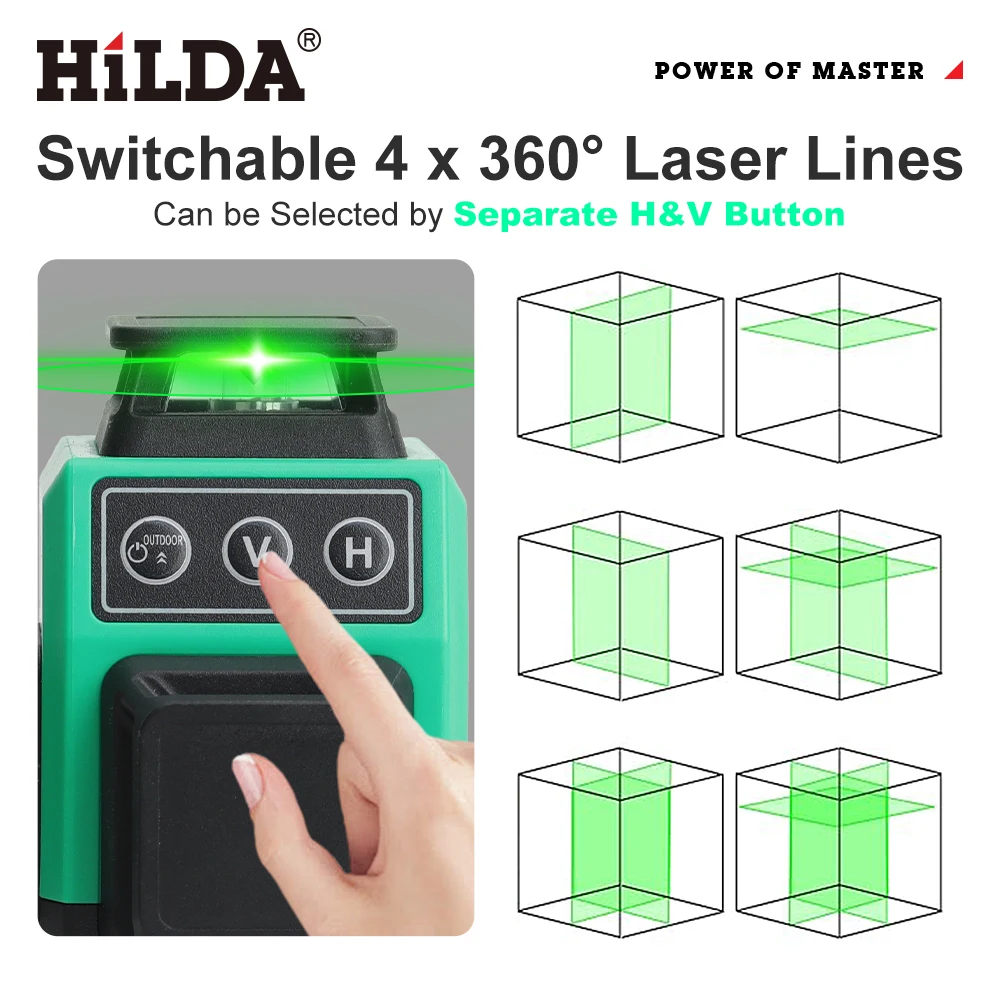HILDA مستوى الليزر ثلاثية الأبعاد/4D 12/16 خطوط شعاع أخضر أفقي 360 التسوية الذاتية أداة بصرية الضوء الرأسي والأفقي