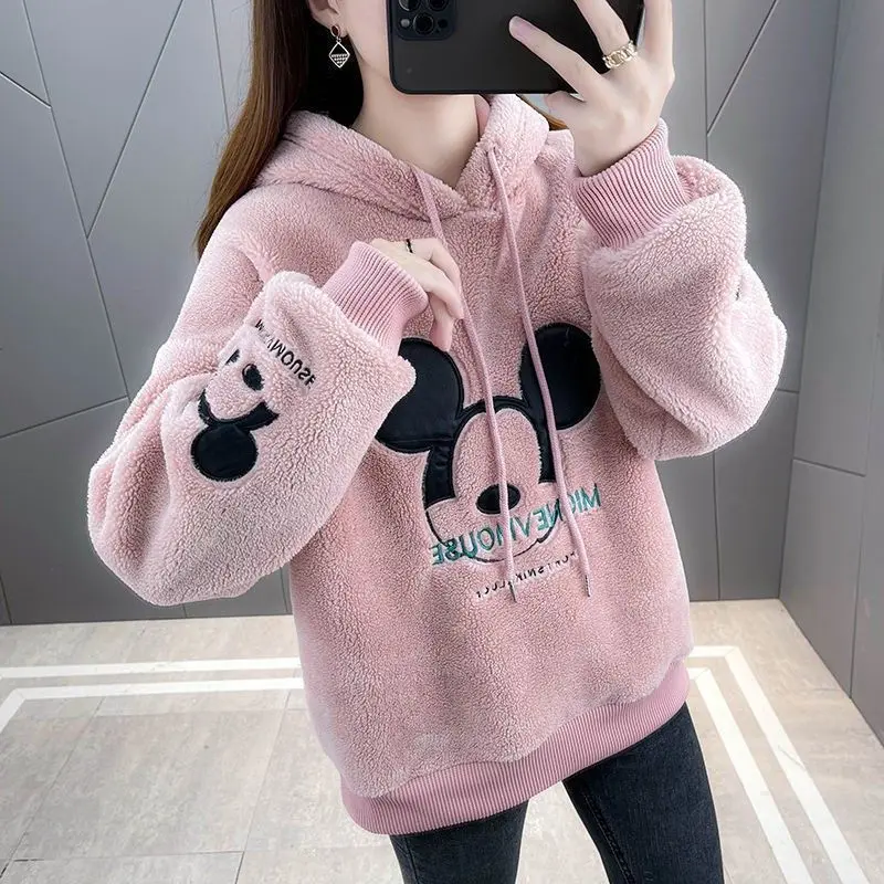 Winter Mickey Cartoon Print Sweatshirt Thick Plush Lining Hoodie Loose Korean Fashion Hoodies Oversized Kawaii Hoodies clothing
