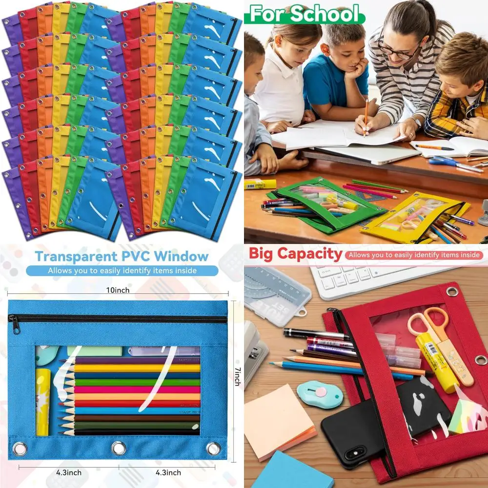 

Bulk 3-Hole Zipper Pencil Pouches, Assorted Colors, Durable Cloth, 72 Packs for 3 Ring Binders, Sturdy and Long-lasting Storage
