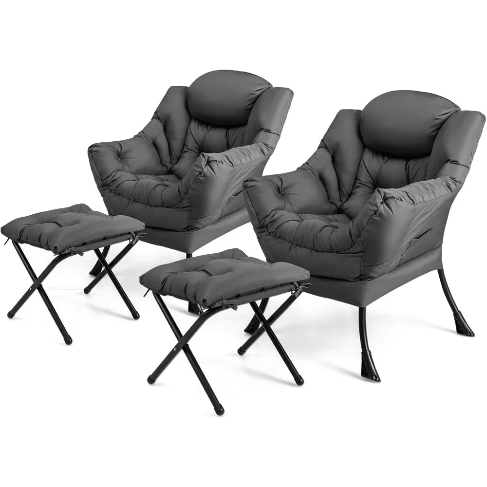 Living Room Chairs Set of 2 with Ottoman, Armrests & Side Pocket, Modern Accent Chair & Folding Footrest, Living Room Chairs