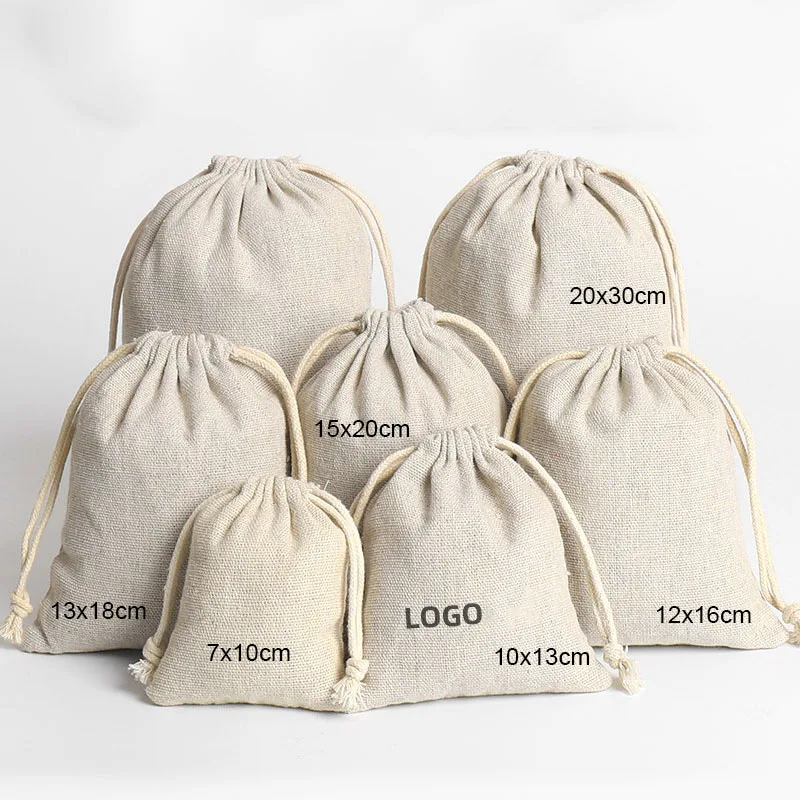 

100PCS Natural Cotton Linen Bag Jewelry Pouch Beads Container Gift Packaging Pocket Custom Logo Drawstring Bag Wholesale