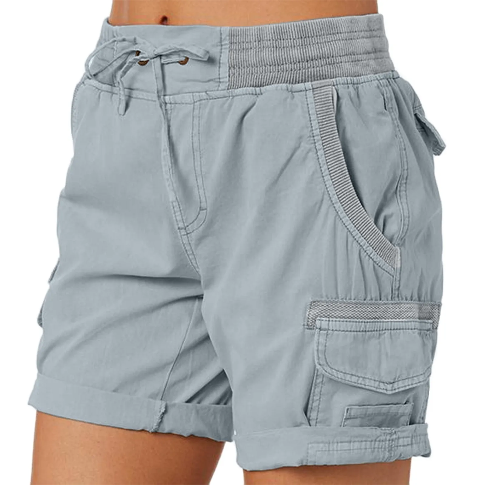 Ladies Cargo Shorts Summer Loose Hiking Shorts With Pocket Solid Color Thin Style Drawstring Elastic Waist Casual Fashion Shorts