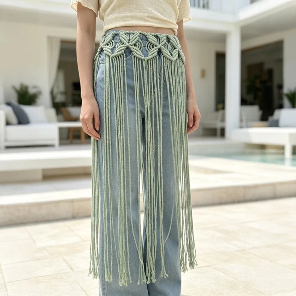 Fashion Bohemian Netted Fringe Waistband Decorative Tassel Ethnic Design Handwoven Bikini Cover Up Waist Wrap Versatile Styling