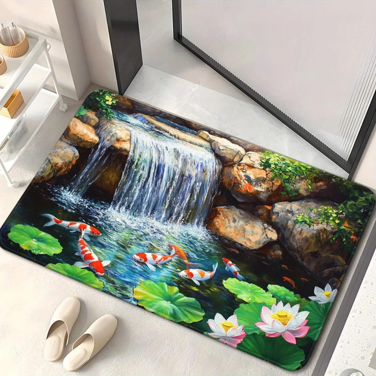 Top pick 1pc Serene Waterfall & Koi Fish Design Non-Slip Door Mat - Microfiber Absorbent, Machine Washable Rug with Vibrant fo