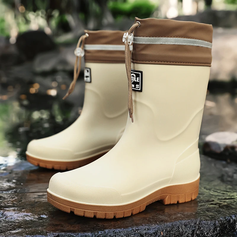 Men's Mid-Calf Drawstring Rain Boots, Waterproof Thick-Soled Commuting Fishing Outdoor Rain Shoes