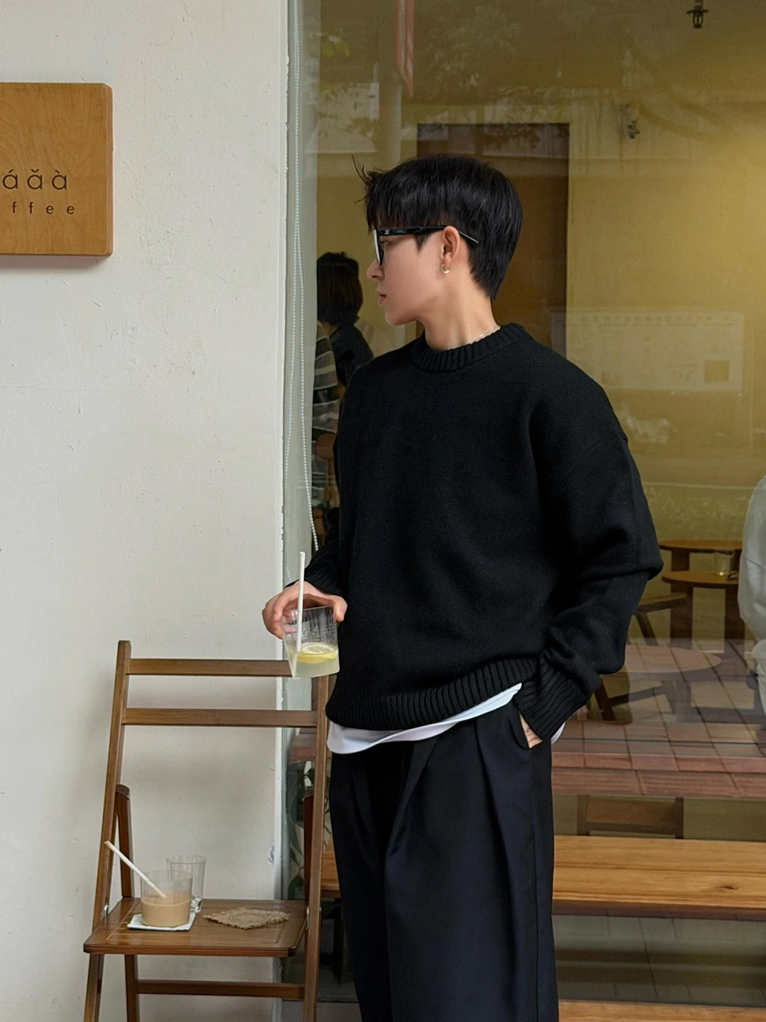 

Bla round Ne Knitwear Men's Winter Korean Sle Fce Lined Lazy Knitted irt Inner Wear Base Layer Polyester Fiber