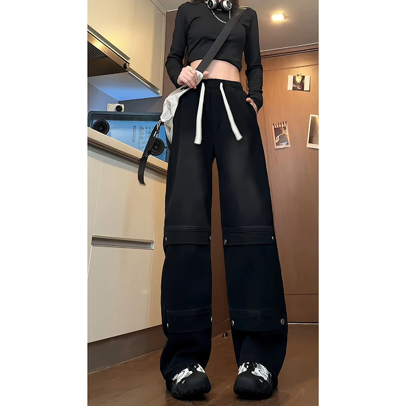 Men's Autumn Washed Denim Jeans Elastic Waist with Drawstring Straight Leg Rivet & Patchwork Design Casual Pants for Streetwear