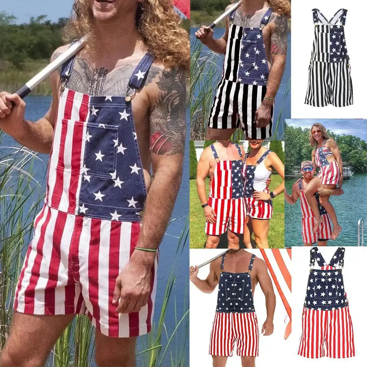 Men Denim Flag Print Pockets Button Short Jumpsuit Summer Strap Denims Couples Overalls for Man Suspender Pants Jeans 2025