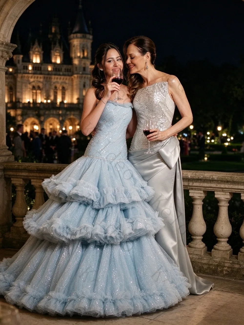 Customized Light Blue Sequined Evening Dress Tiered Ruffles Tulle Prom Gown Strapless Sparkly Princess Party Dress Quinceanera