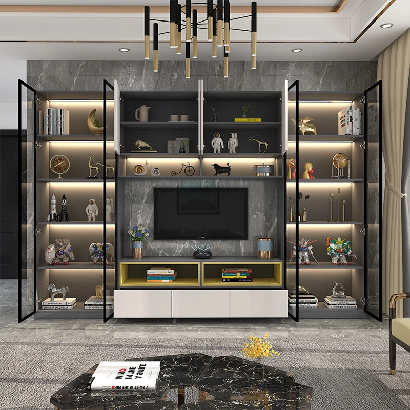 TV Background Wall Assembled Cabinet Living Room Glass Door Light Luxury TV Cabinet Multifunctional with Light