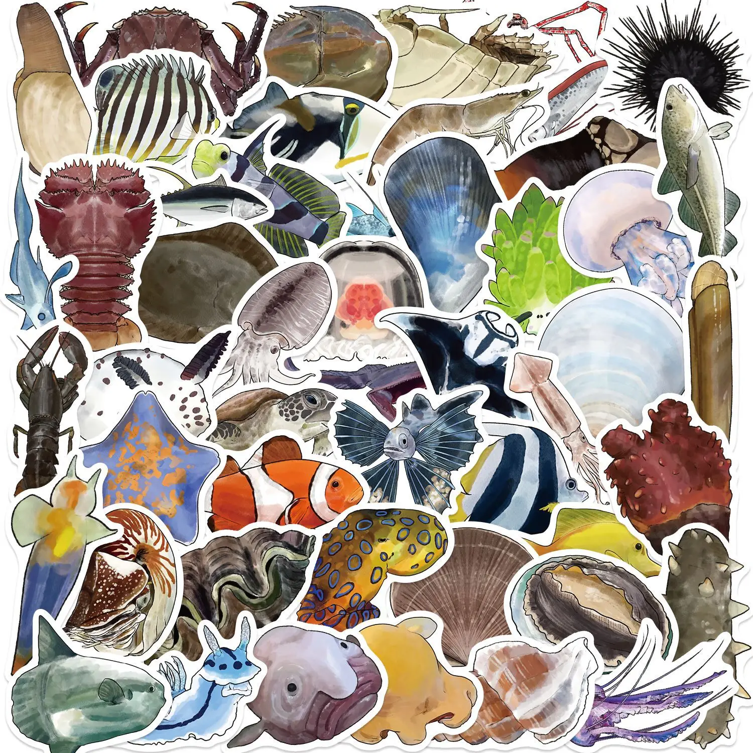 50PCS Funny Marine Life Cartoon Stickers Fish Shrimp Shell Animal Graffiti Decoration DIY Toys Fridge Laptop Guitar Bike Decals