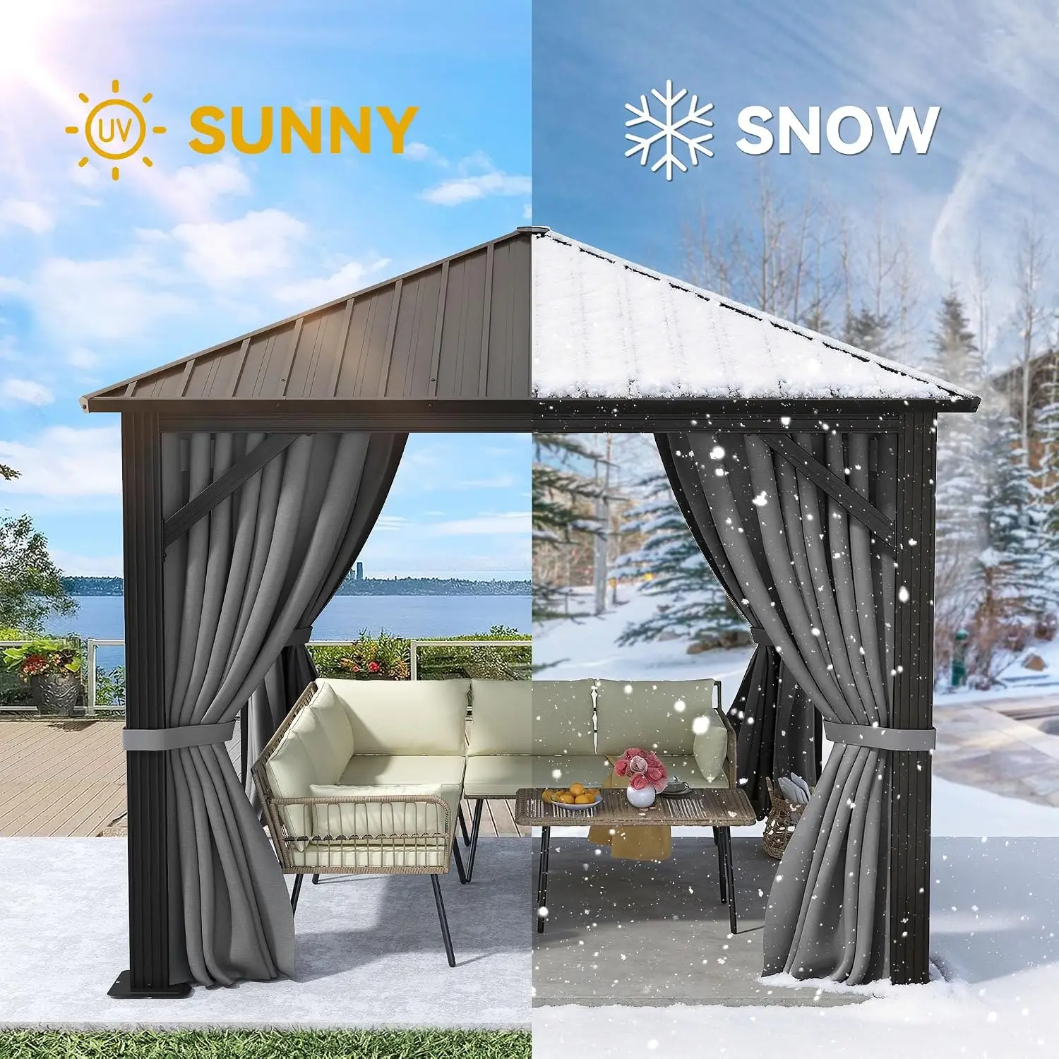 10X10FT Metal Hardtop Gazebo Outdoor Patio Single Top Canopy | Galvanized Iron Aluminum Column Garden Tent Curtains Netting for