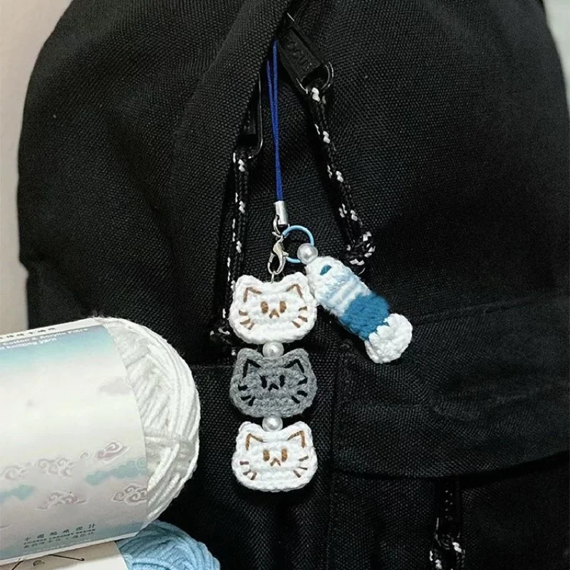 Handmade Cat Fish Keychain Cute Weaving DIY Animal Bag Mobile Phone Accessories Yarn Crochet Doll Pendant Girl Women Gifts