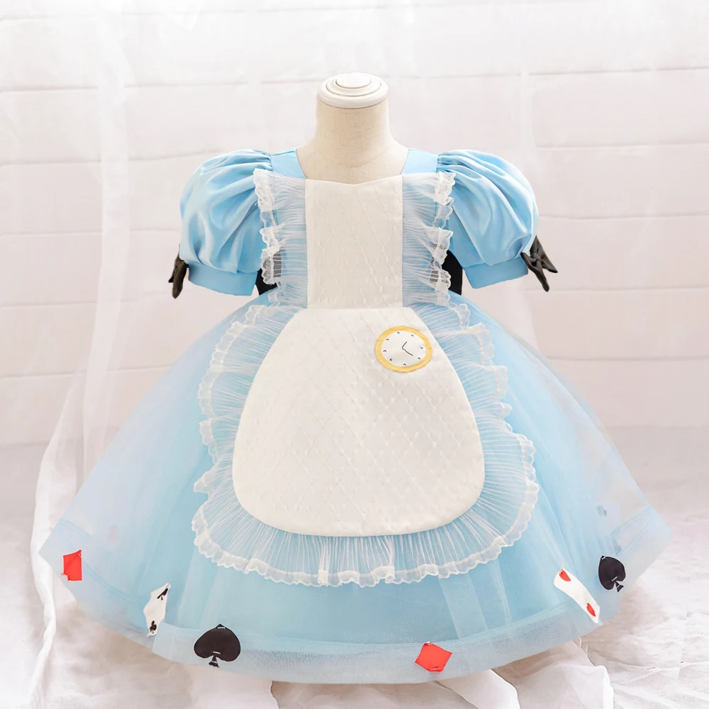 Cute Lolita 1st Birthday Dress For Baby Girl Clothes Blue Princess Dress Short Sleeve Girls Dresses Baptism Party Gown 0-4 Year