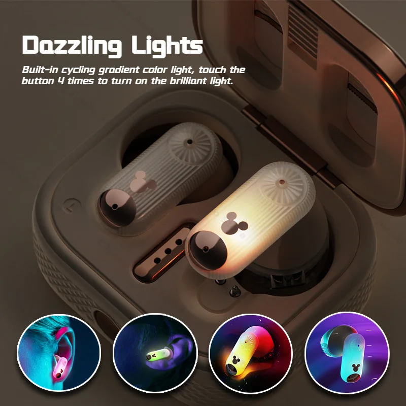 Headphone Gaming nirkabel, earbud Disney Mickey Mouse, lampu berkilau, headphone Gaming Bluetooth 5.3, peredam kebisingan, latensi rendah