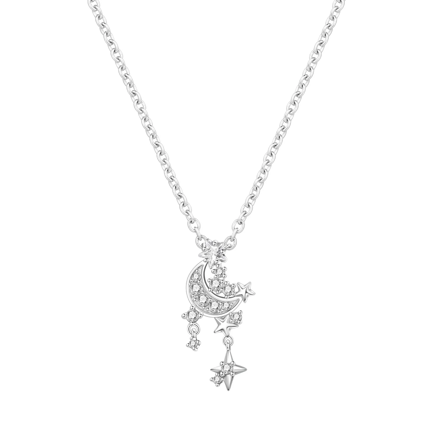 PANPOKI Halskette mit glänzendem Mond und Sternen aus 925er Sterlingsilber, Anhänger für Damen, Geburtstag, Hochzeit, Jahrestag, Geschenke, origineller Schmuck