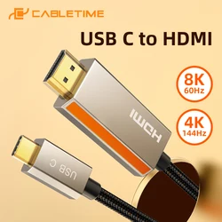 CABLETIME 8K USB C to HDMI C타입 비디오 어댑터, 아연 합금, 맥북 에어, 삼성 아이패드 프로, 화웨이 노트북용, 4K 144Hz, 신제품